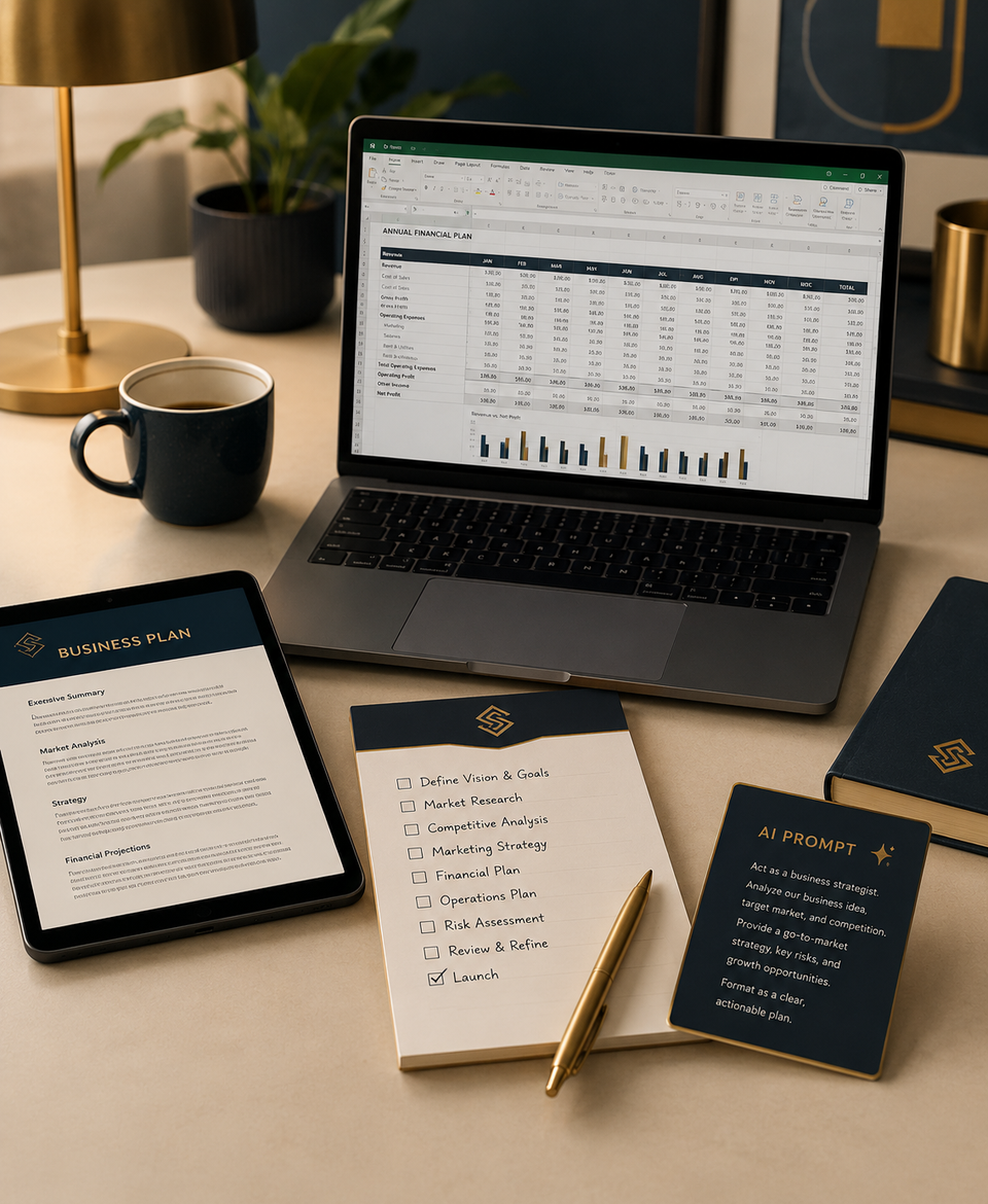 SmartKits workspace showing business templates, Excel tools, checklists and AI prompts ready to download, edit and use.