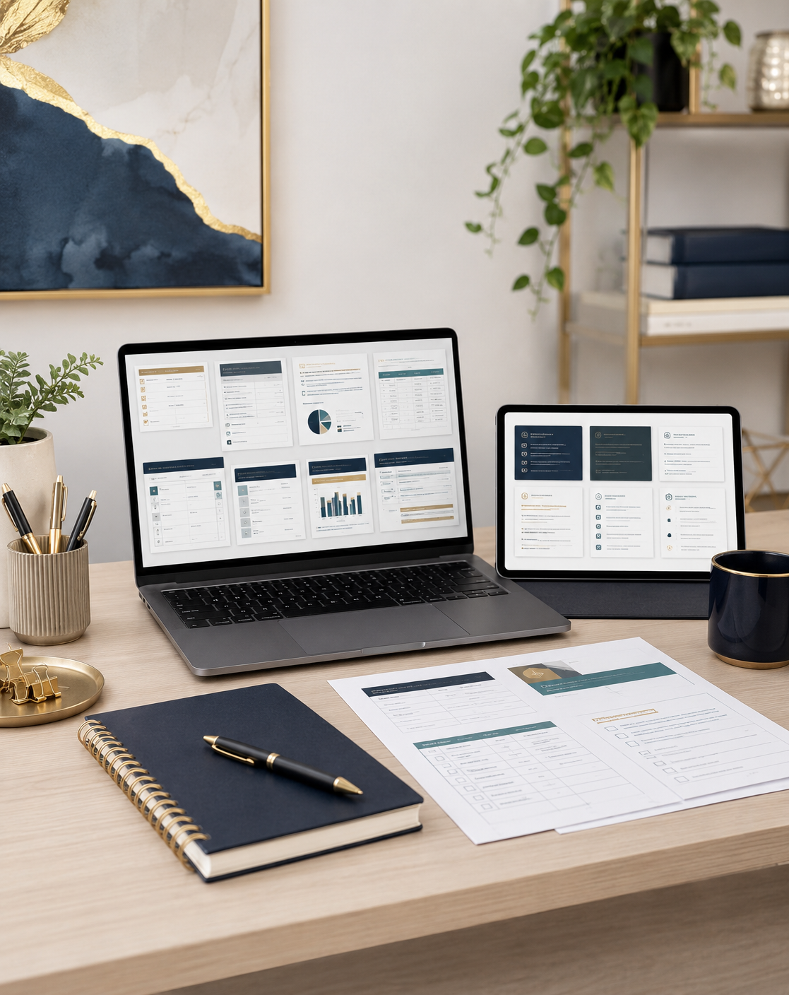 SmartKits workspace image showing a laptop and tablet displaying business templates, checklists and digital planning tools.