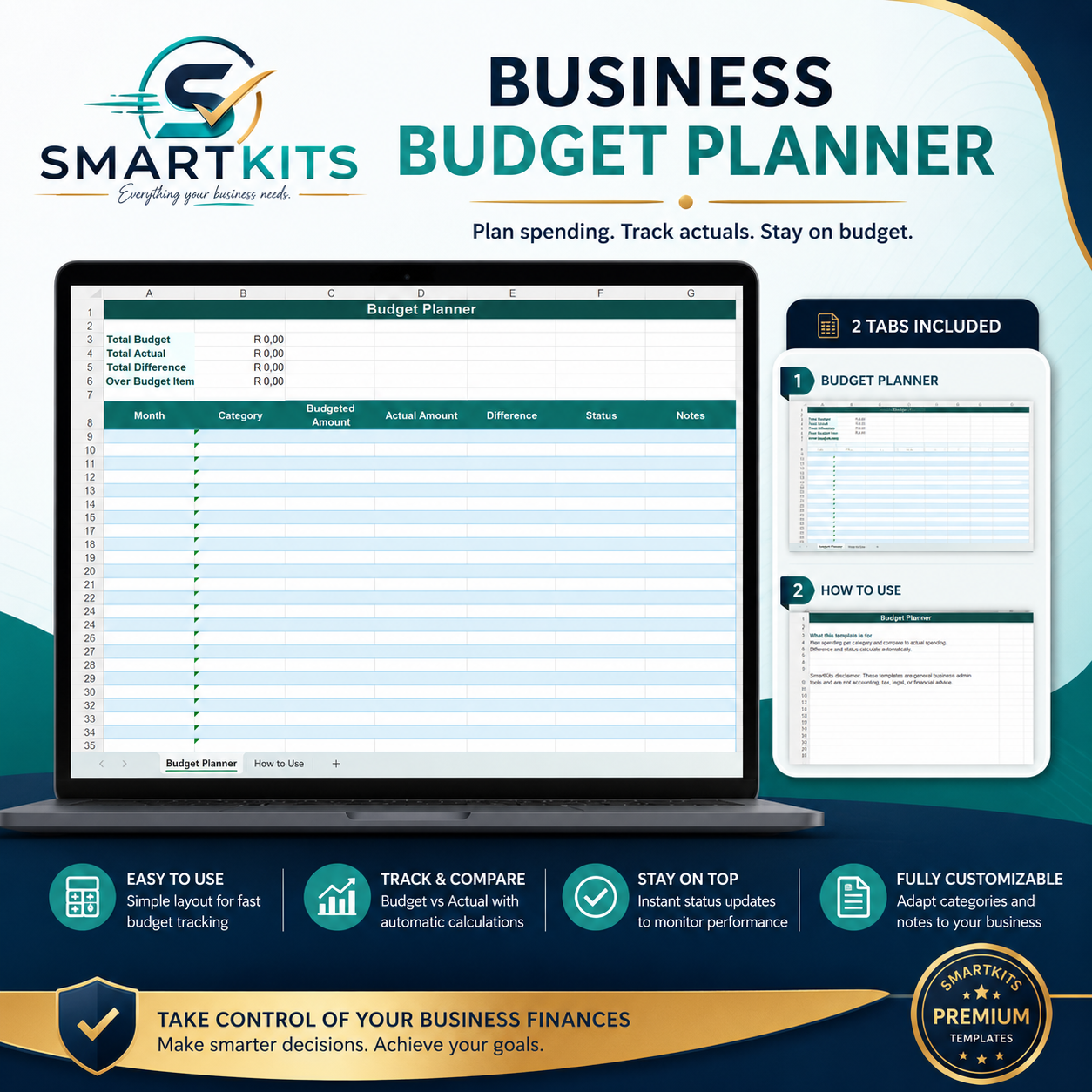 SmartKits business budget planner Excel template showing budget tracking, actual spending comparison and automatic calculations.
