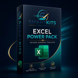 SmartKits Excel Power Pack product box with 28 Excel business templates for budgeting, invoicing, cash flow, sales and stock tracking