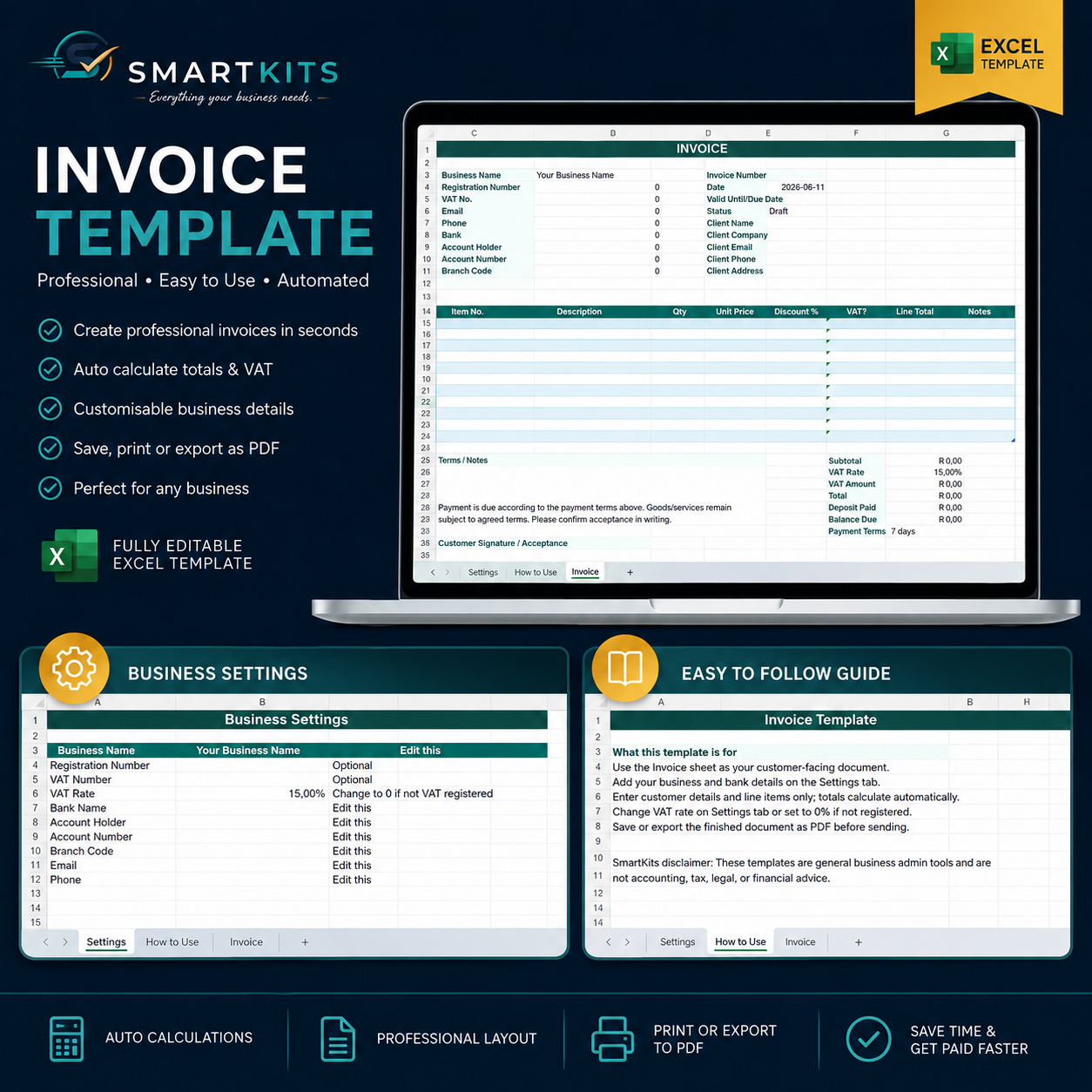 SmartKits invoice template for Excel showing editable business invoice, settings sheet and easy-to-follow guide.