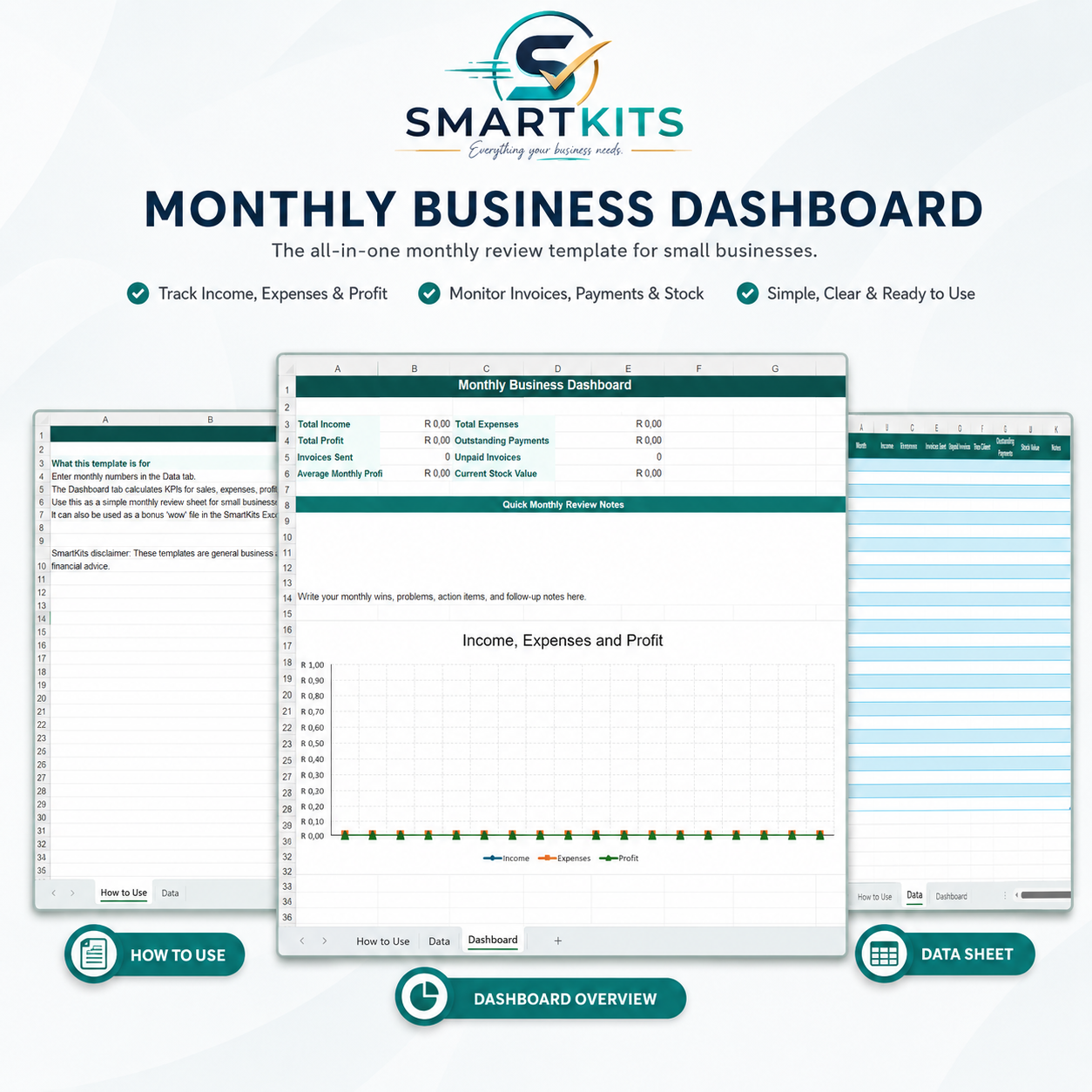 SmartKits monthly business dashboard Excel template showing income, expenses, profit, invoices, payments, stock value and business review tracking.