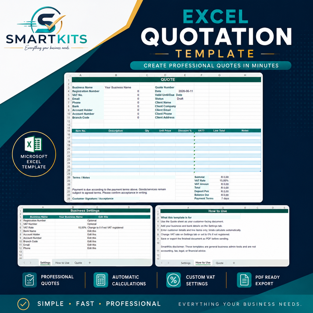 SmartKits quotation template for Excel showing editable business quote, settings sheet and easy-to-follow guide.